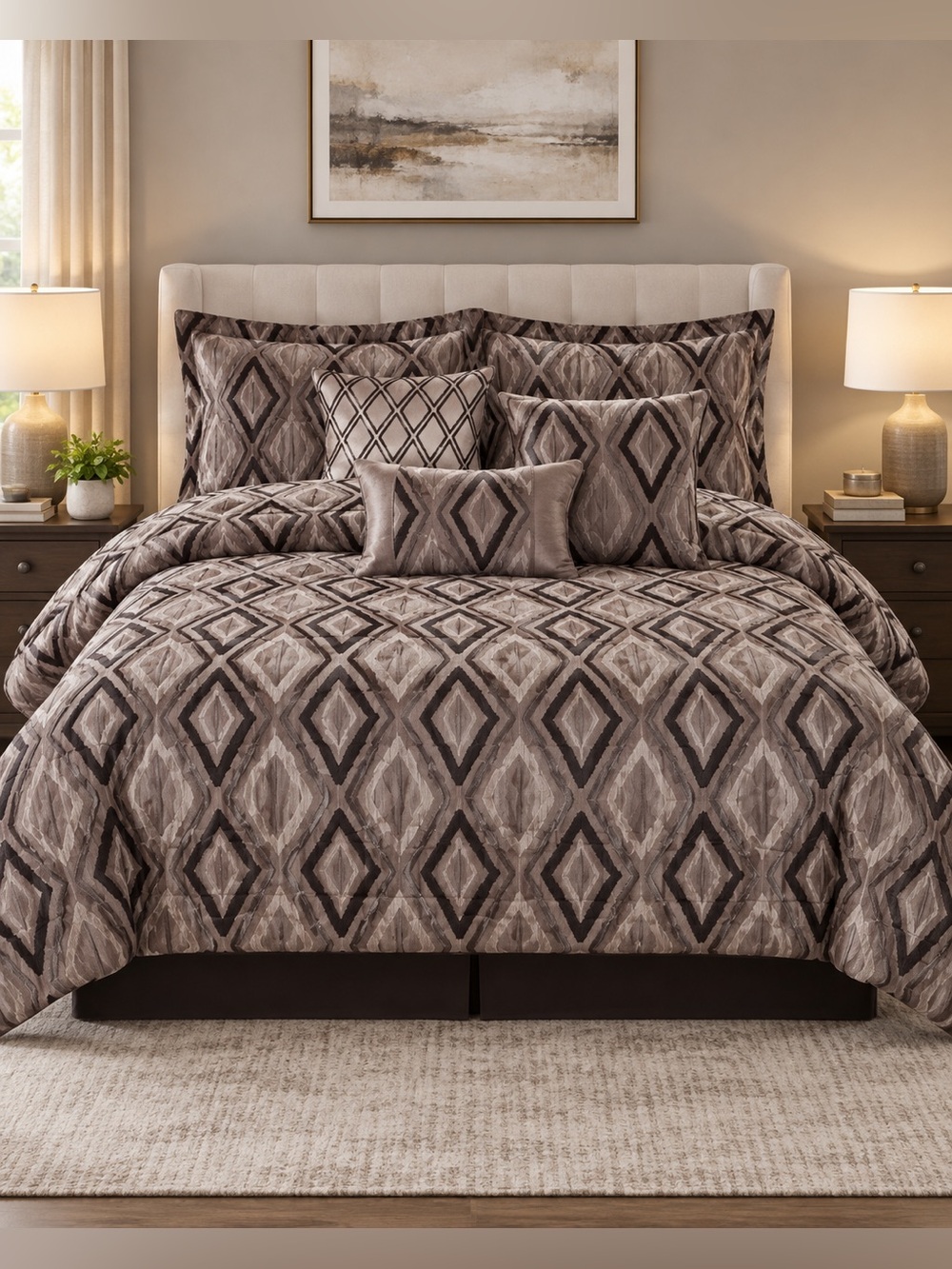 Plush Geometric Comforter Set in Taupe Brown - 7-Piece Queen size